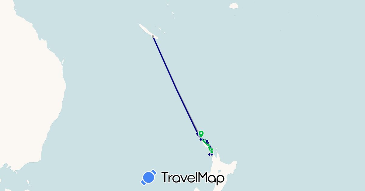 TravelMap itinerary: driving, bus, plane, hiking, boat in New Caledonia, New Zealand (Oceania)